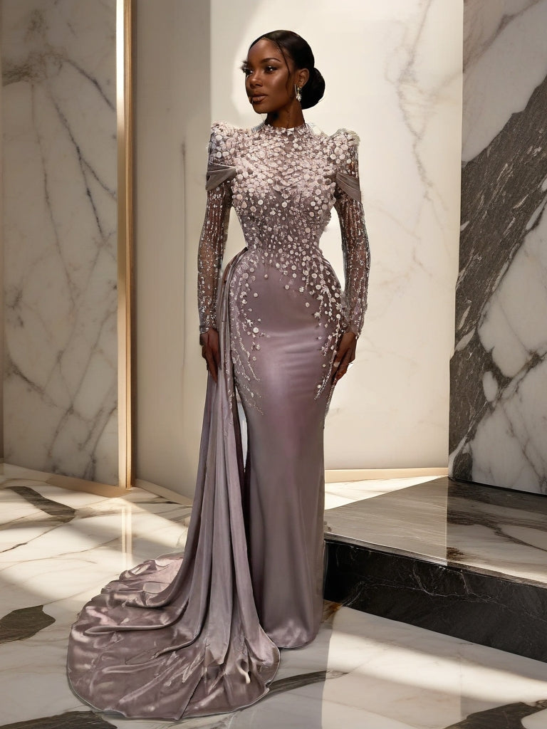 Made-to-Order Long Sleeve Embellished Gown with Train