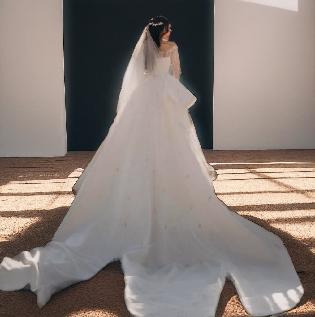 Off-Shoulder Mermaid Wedding Gown with Detachable Train | Lace Sleeves | Plus Size 2–26W