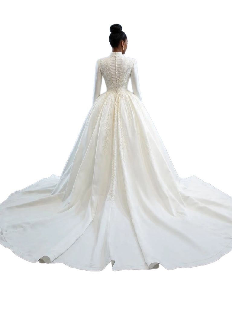 High Neck Long Sleeve Mermaid Wedding Gown with Detachable Cathedral Overskirt
