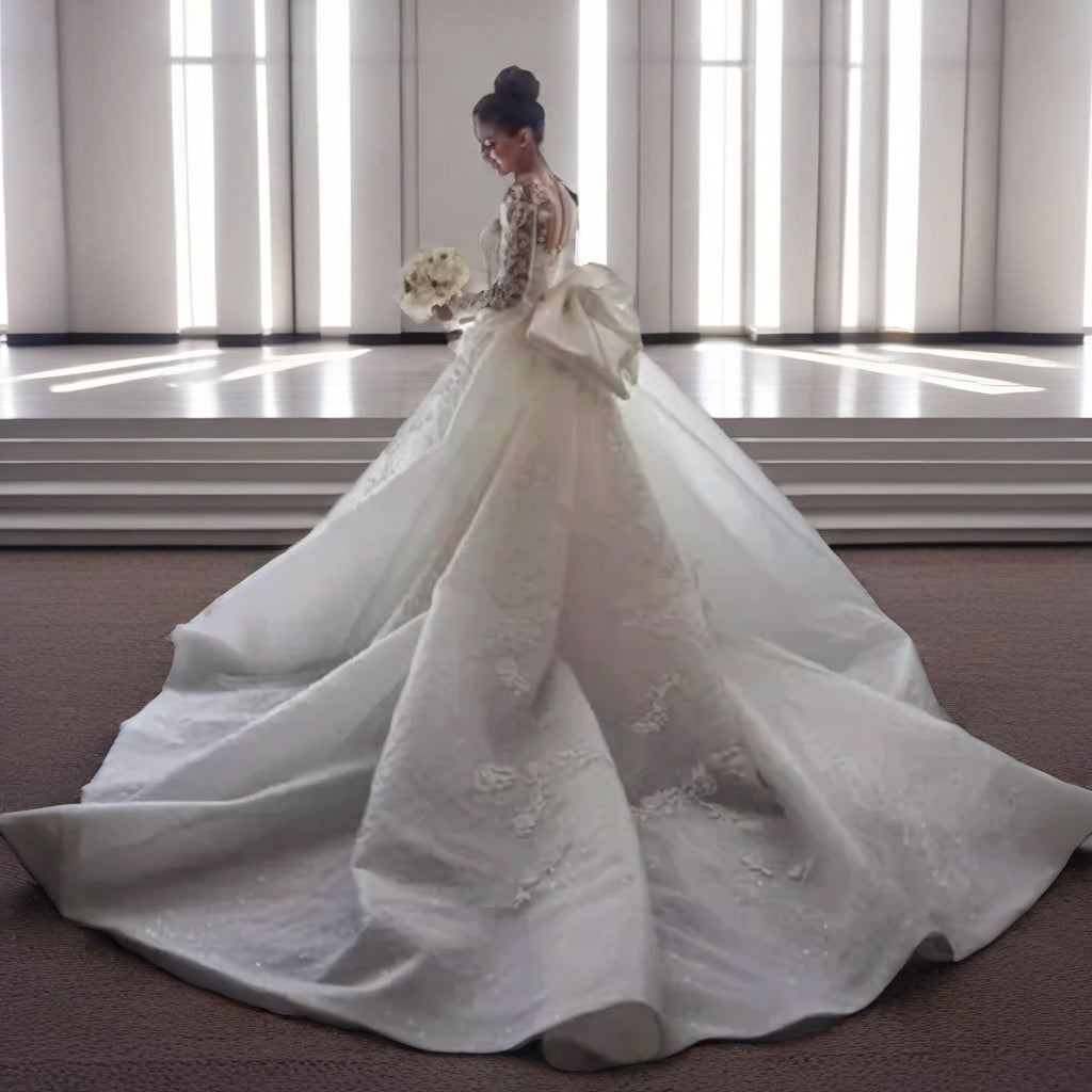 Long Sleeve Lace Ball Gown – Plus Size Wedding Dress with Cathedral Train