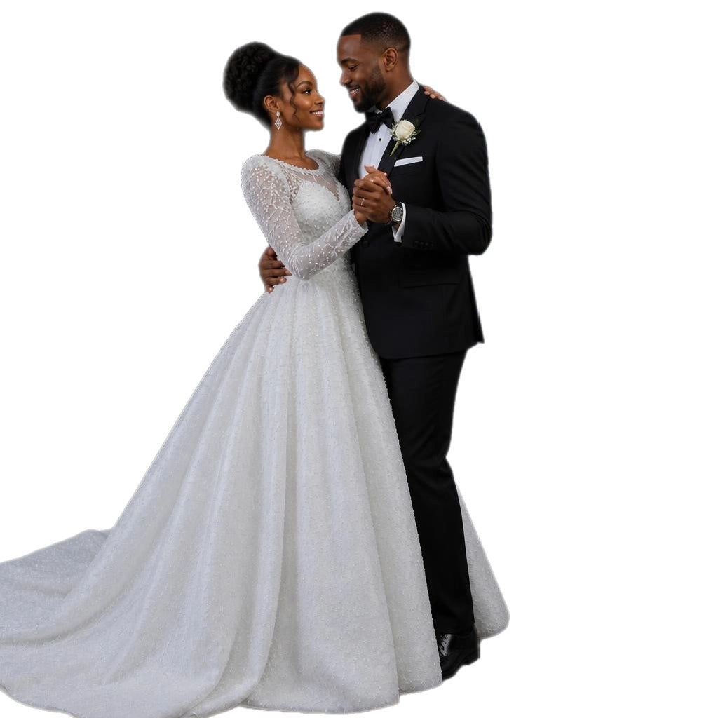 Luxury Pearl Beaded White Sheath Ball Gown Vintage Royal Wedding Dress