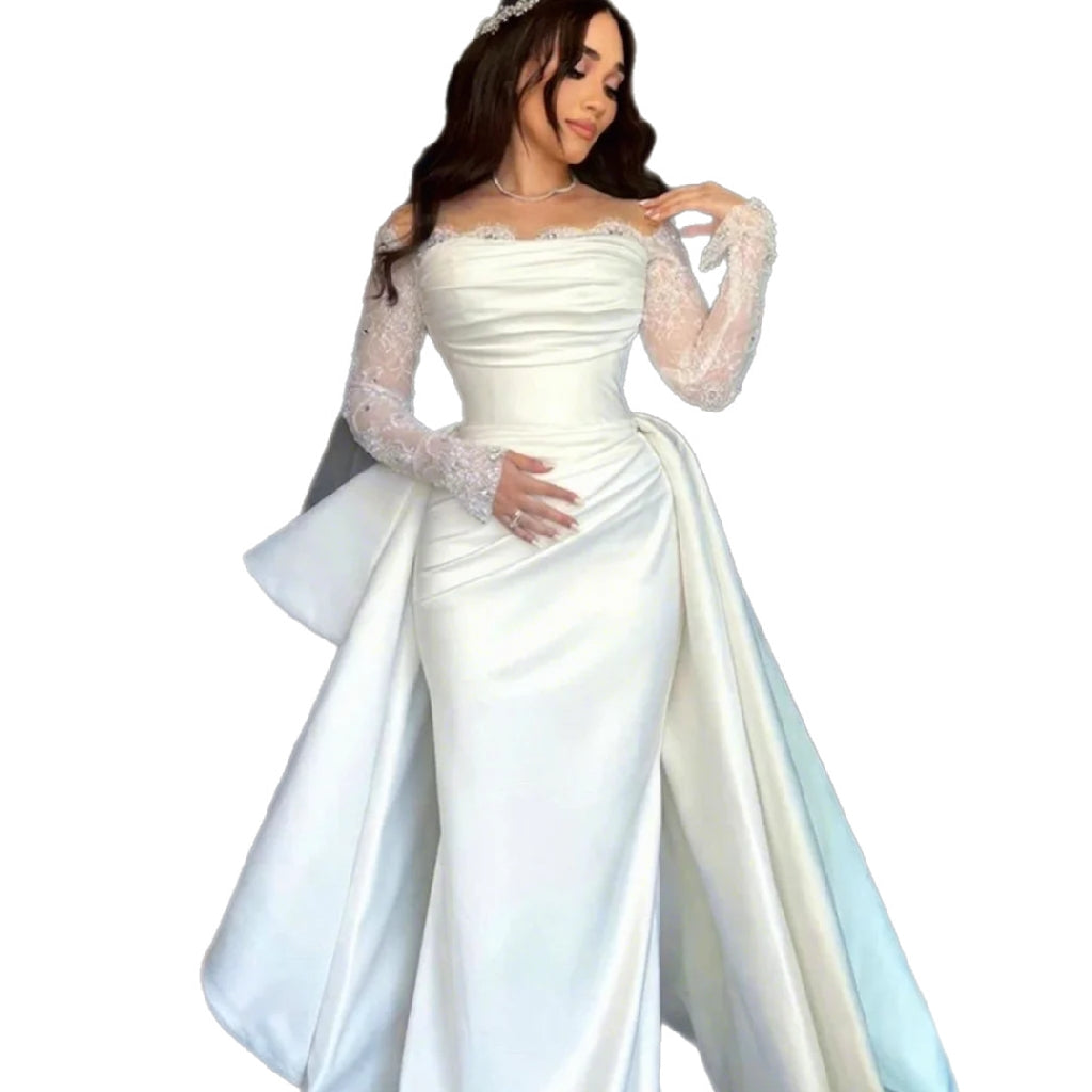 Off-Shoulder Mermaid Wedding Gown with Detachable Train | Lace Sleeves | Plus Size 2–26W