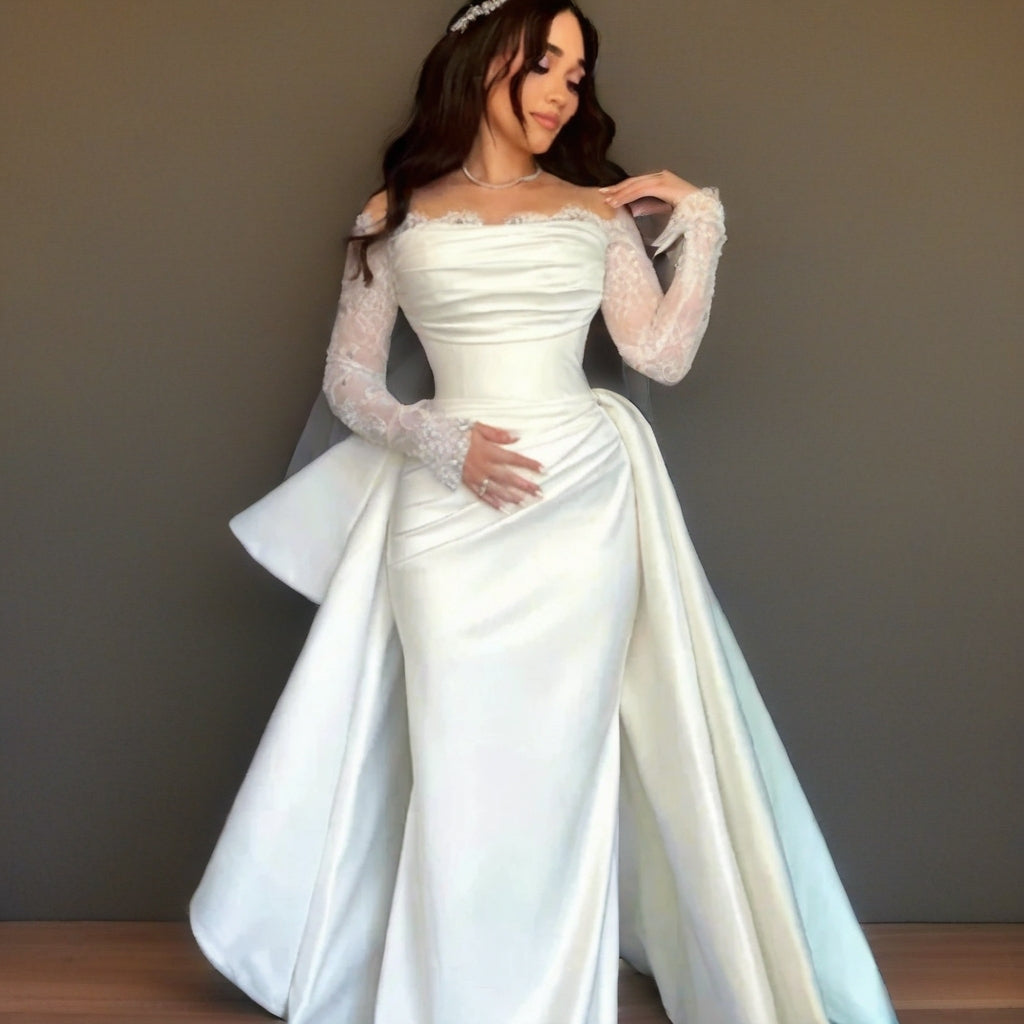 Off-Shoulder Mermaid Wedding Gown with Detachable Train | Lace Sleeves | Plus Size 2–26W