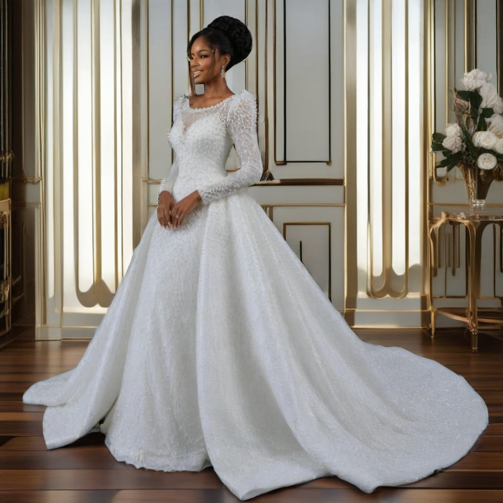 Luxury Pearl Beaded White Sheath Ball Gown Vintage Royal Wedding Dress