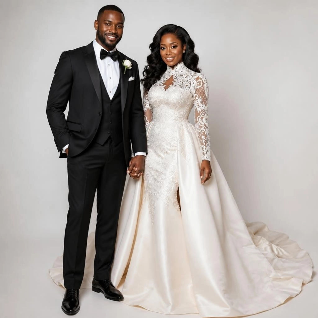 High Neck Lace Long Sleeve Plus Size Wedding Gown with Detachable lace Train