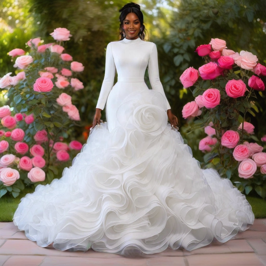 Plus Size Long Sleeve High Neck Ruffle Ball Gown – Ivory – Made to Order