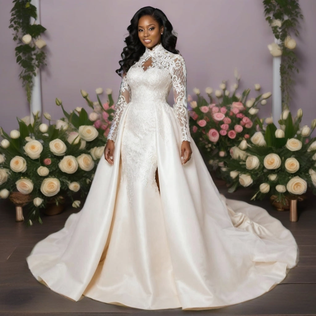 High Neck Lace Long Sleeve Plus Size Wedding Gown with Detachable lace Train