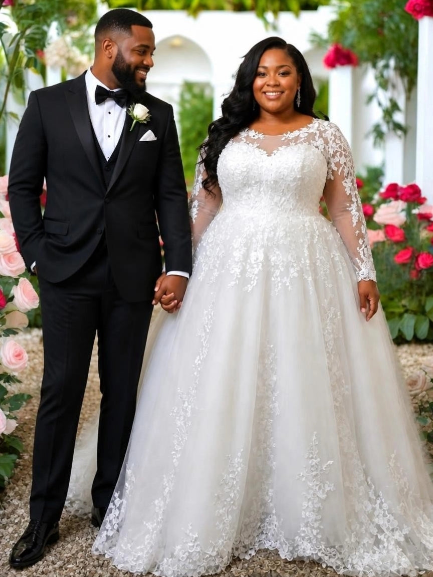 Elegant Plus Size long sleeves Wedding Gown