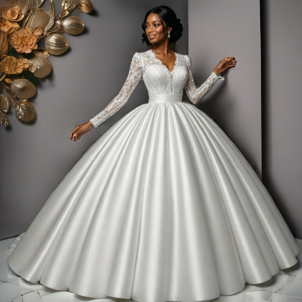 Lace & Satin Ball Gown Wedding Dress with Long Sleeves