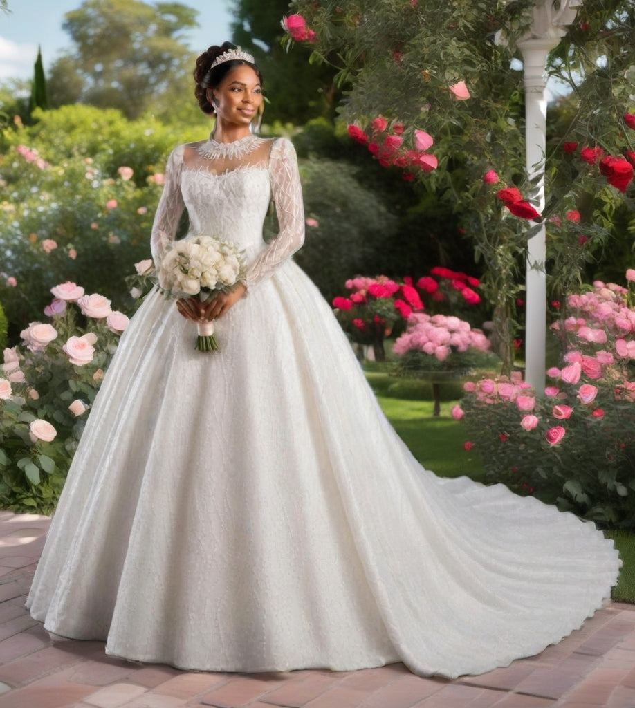 Crystal High Neck Ball Gown – Plus Size Wedding Dress with Long Sleeves & Cathedral Train