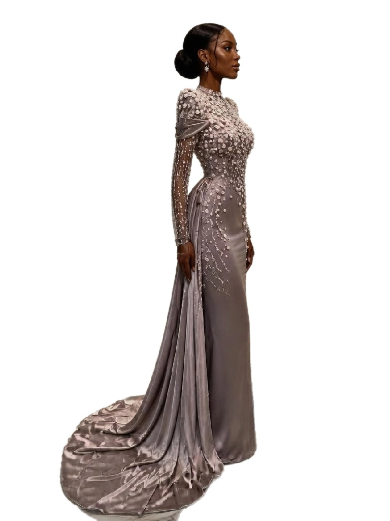 Made-to-Order Long Sleeve Embellished Gown with Train
