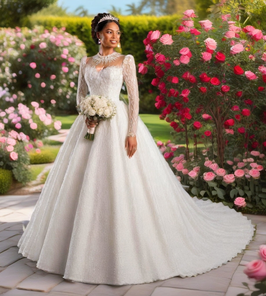 Crystal High Neck Ball Gown – Plus Size Wedding Dress with Long Sleeves & Cathedral Train