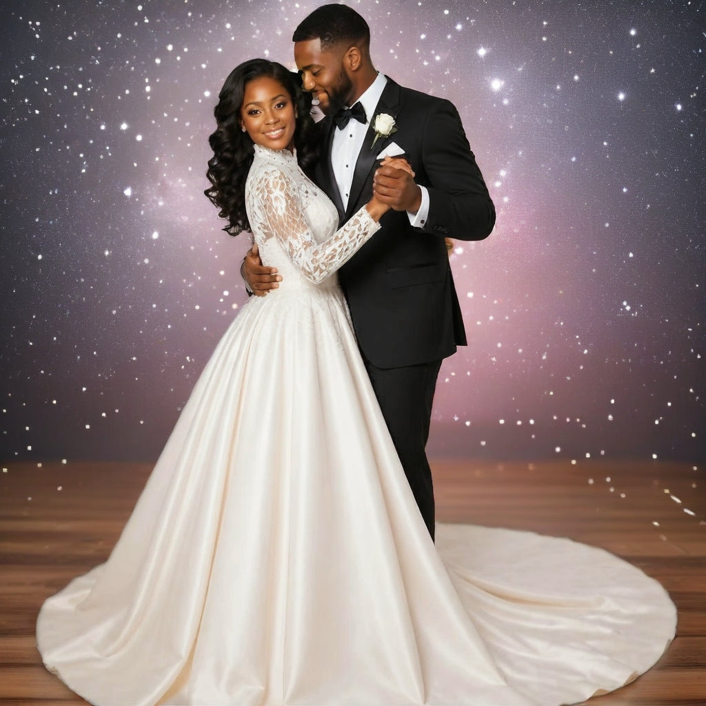 High Neck Lace Long Sleeve Plus Size Wedding Gown with Detachable lace Train