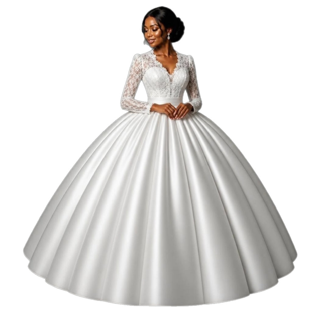 Lace & Satin Ball Gown Wedding Dress with Long Sleeves