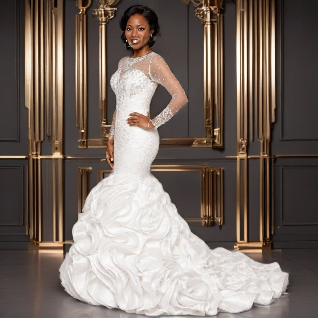 Lace Slim Fit Wedding Gown | Long Sleeve, Hollow Back, Lace-Up | Plus Size