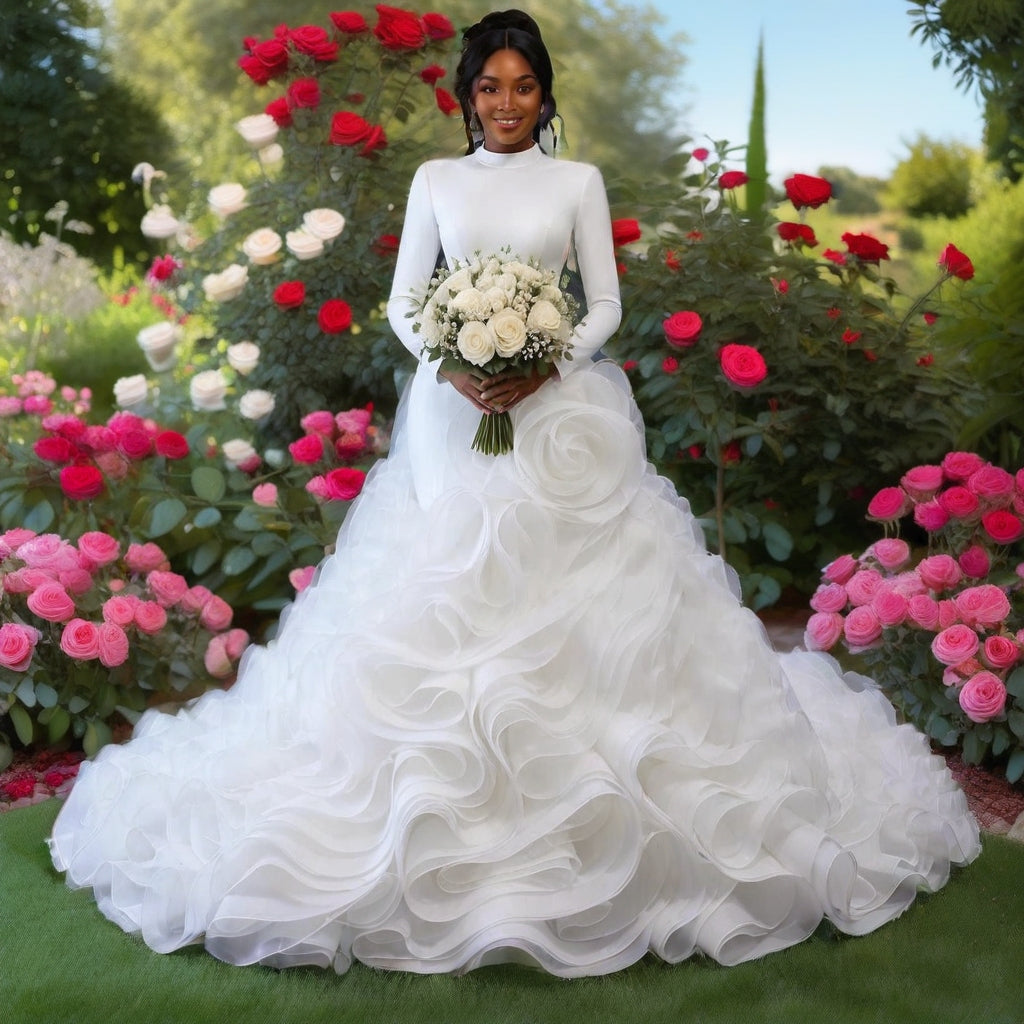Plus Size Long Sleeve High Neck Ruffle Ball Gown – Ivory – Made to Order