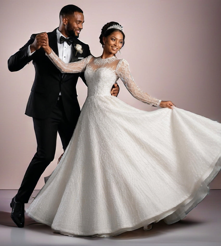 Crystal High Neck Ball Gown – Plus Size Wedding Dress with Long Sleeves & Cathedral Train
