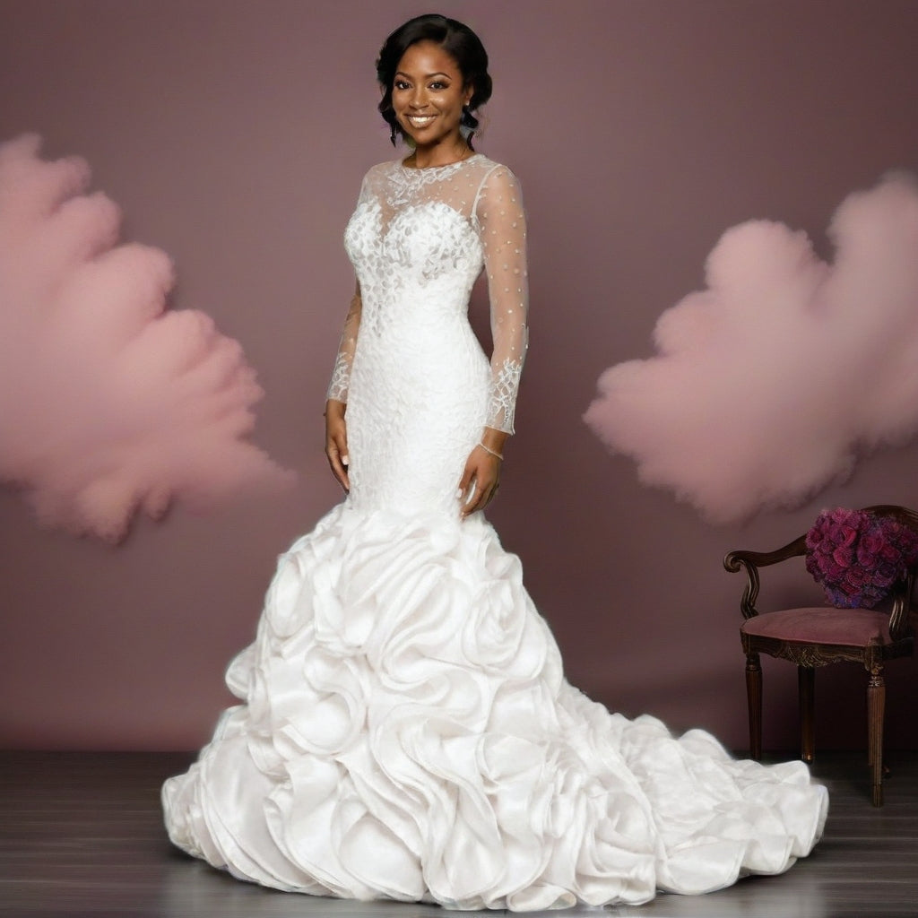 Lace Slim Fit Wedding Gown | Long Sleeve, Hollow Back, Lace-Up | Plus Size