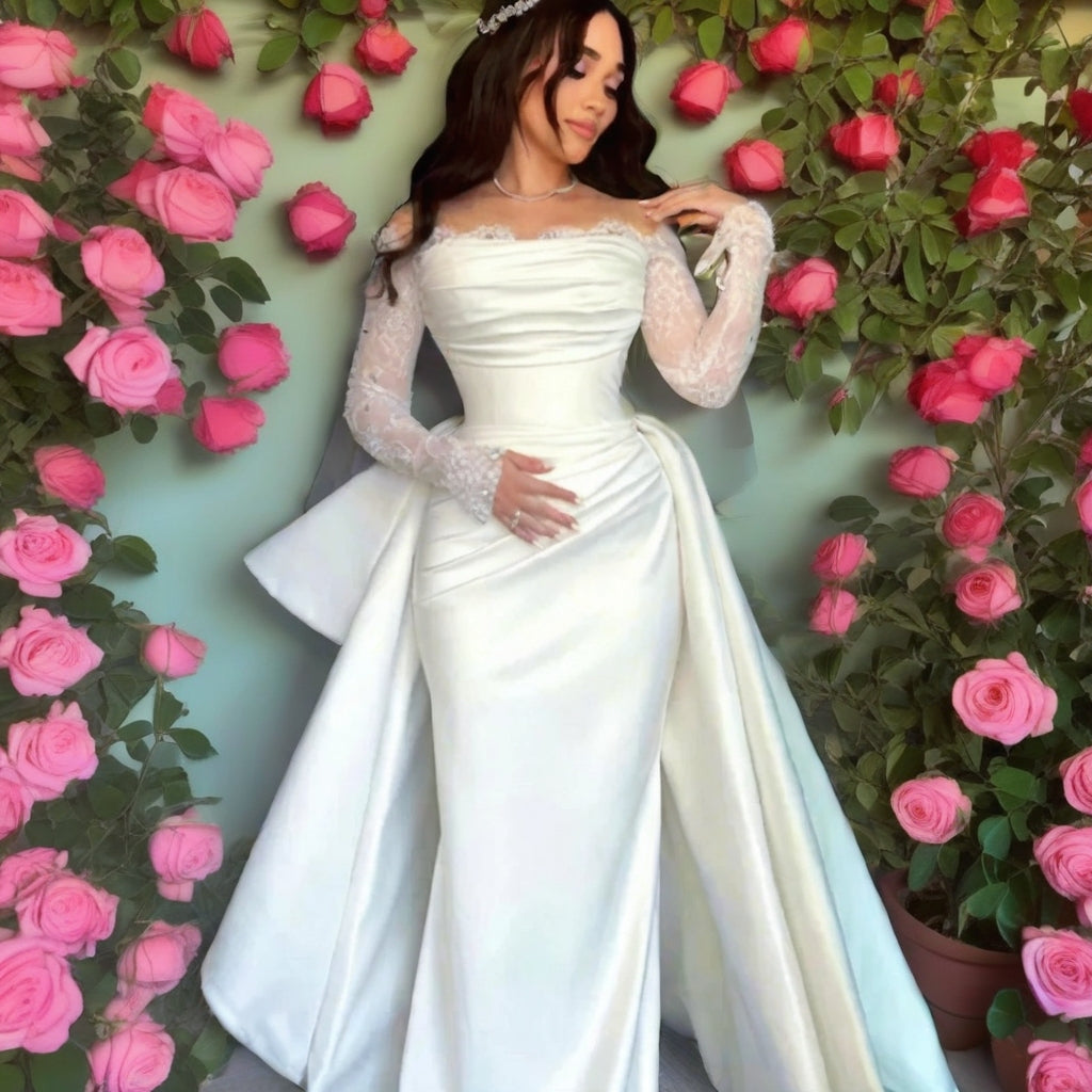 Off-Shoulder Mermaid Wedding Gown with Detachable Train | Lace Sleeves | Plus Size 2–26W