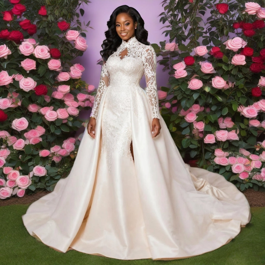 High Neck Lace Long Sleeve Plus Size Wedding Gown with Detachable lace Train