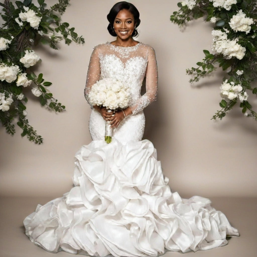 Lace Slim Fit Wedding Gown | Long Sleeve, Hollow Back, Lace-Up | Plus Size