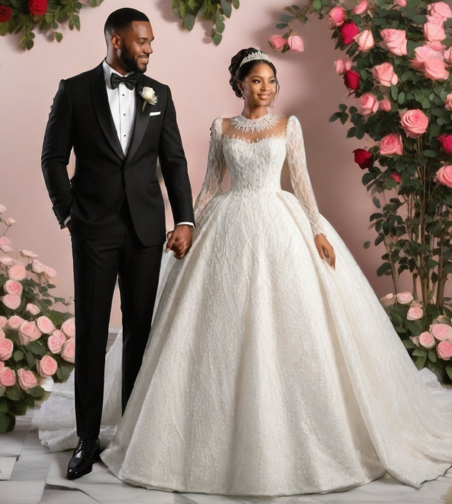 Crystal High Neck Ball Gown – Plus Size Wedding Dress with Long Sleeves & Cathedral Train