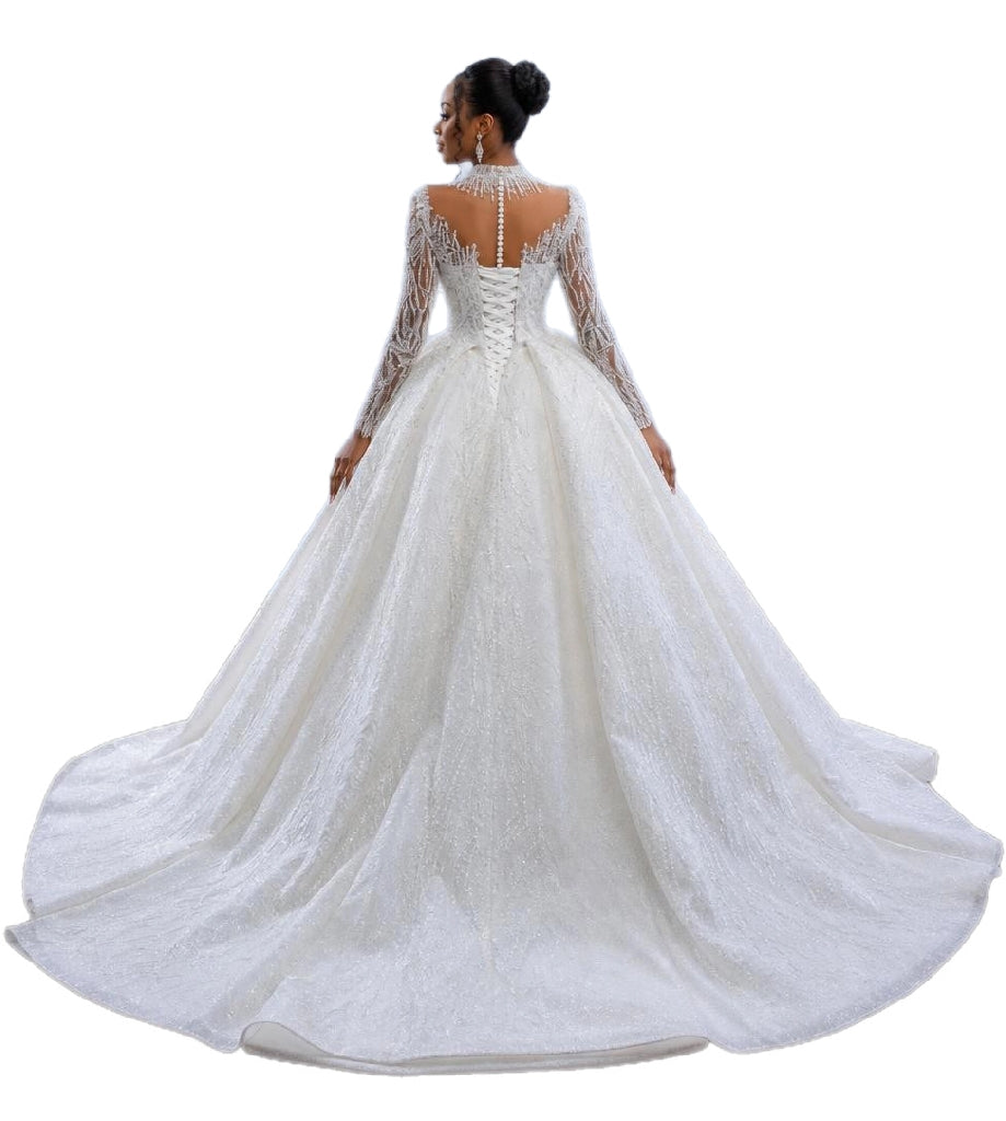 Crystal High Neck Ball Gown – Plus Size Wedding Dress with Long Sleeves & Cathedral Train