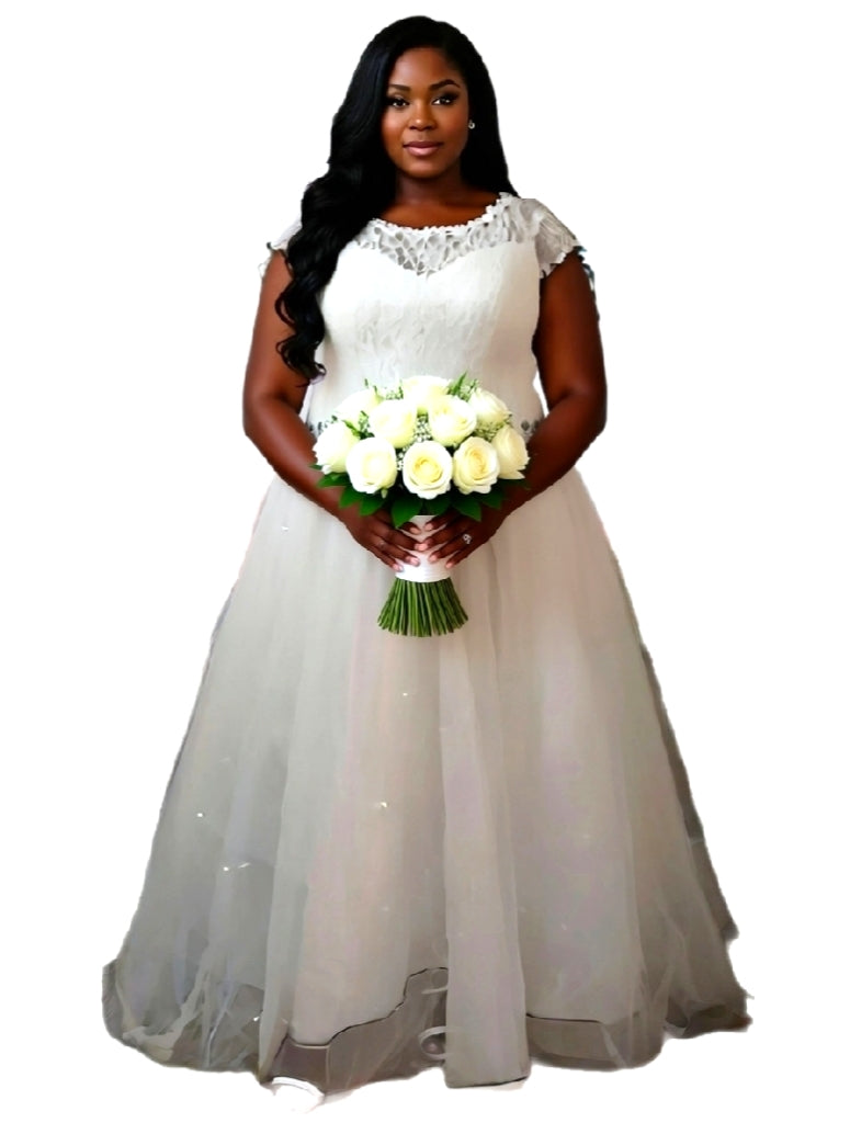 Elegant Plus Size Women  Short Sleeves  Wedding Gown