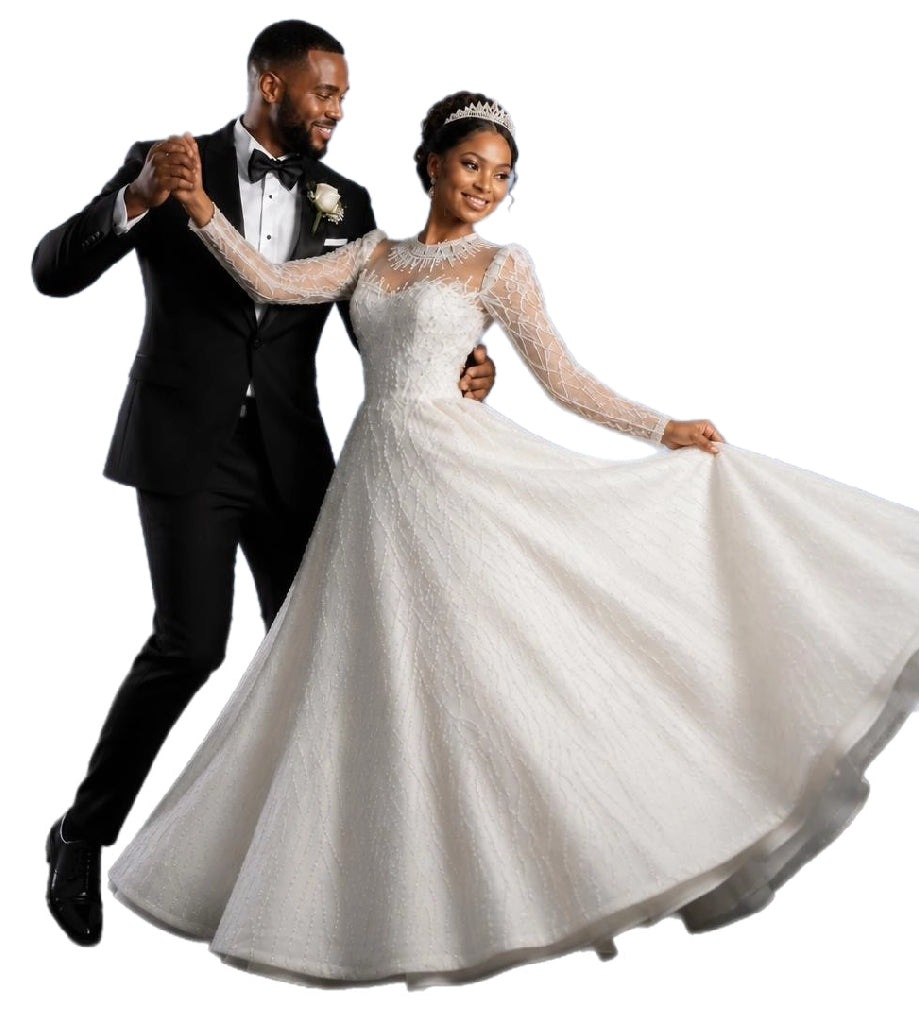 Crystal High Neck Ball Gown – Plus Size Wedding Dress with Long Sleeves & Cathedral Train