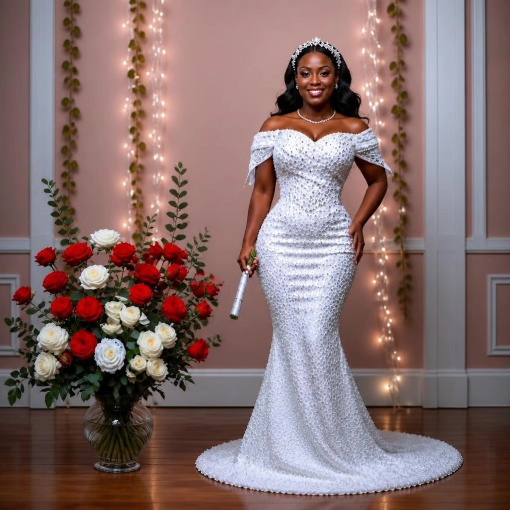 Off-Shoulder Plus Size Wedding Gown with Detachable Train