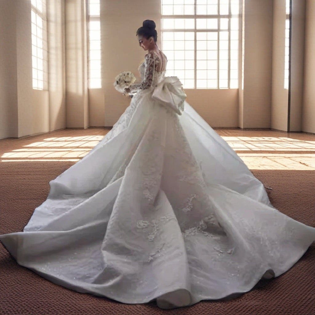 Long Sleeve Lace Ball Gown – Plus Size Wedding Dress with Cathedral Train