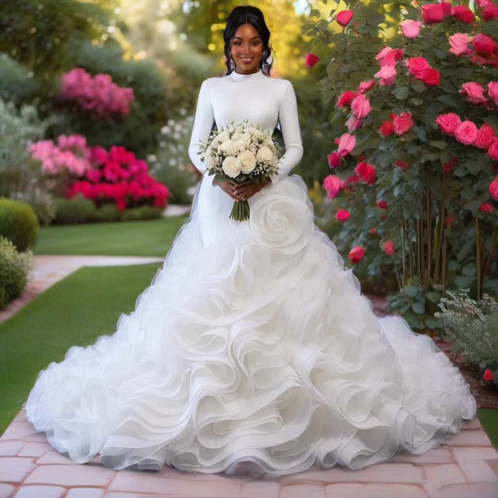 Plus Size Long Sleeve High Neck Ruffle Ball Gown – Ivory – Made to Order