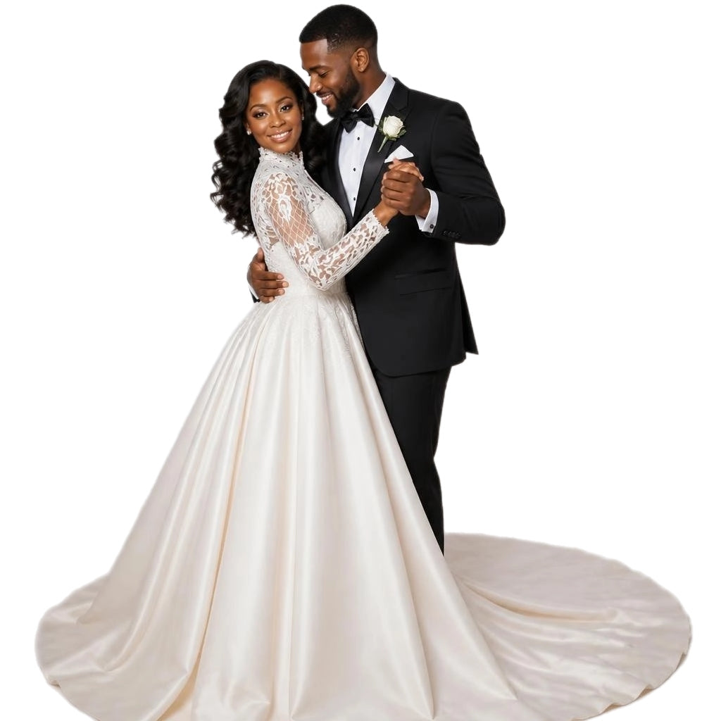 High Neck Lace Long Sleeve Plus Size Wedding Gown with Detachable lace Train