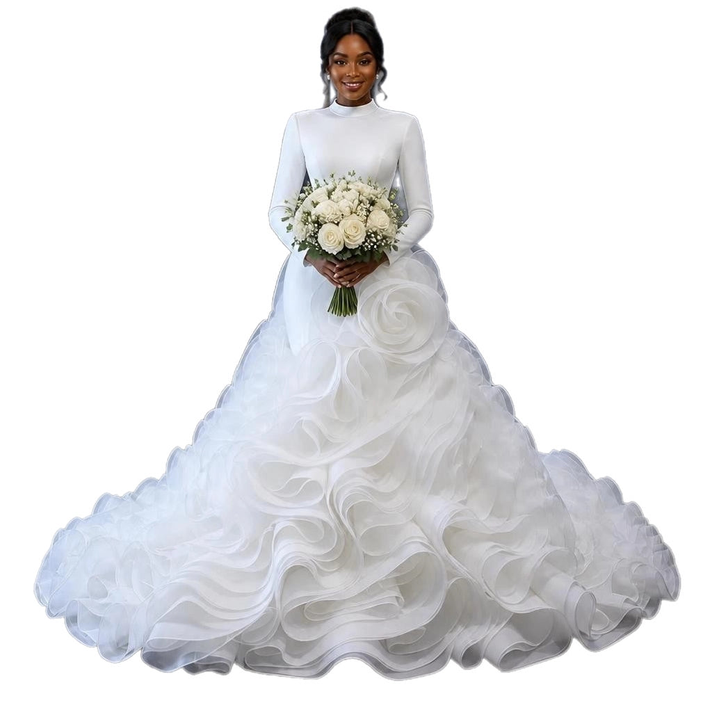 Plus Size Long Sleeve High Neck Ruffle Ball Gown – Ivory – Made to Order