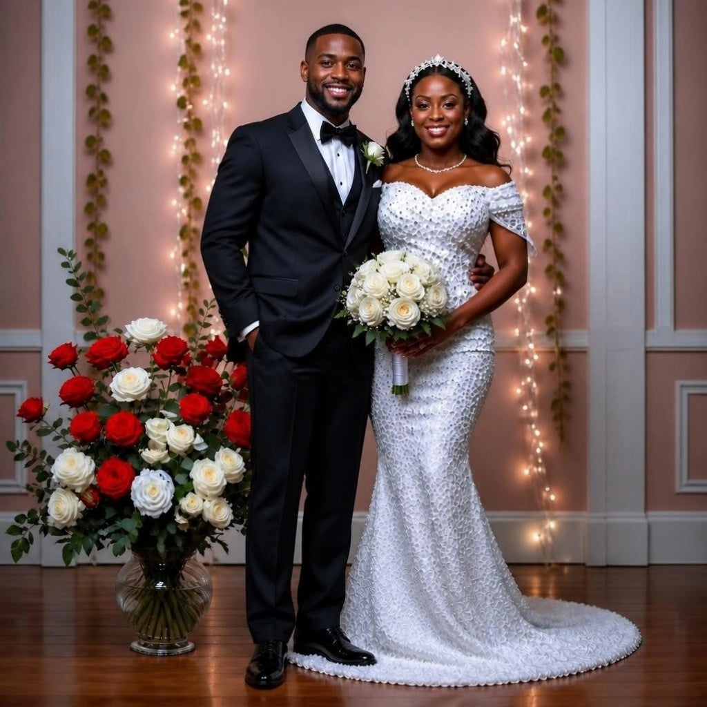 Off-Shoulder Plus Size Wedding Gown with Detachable Train