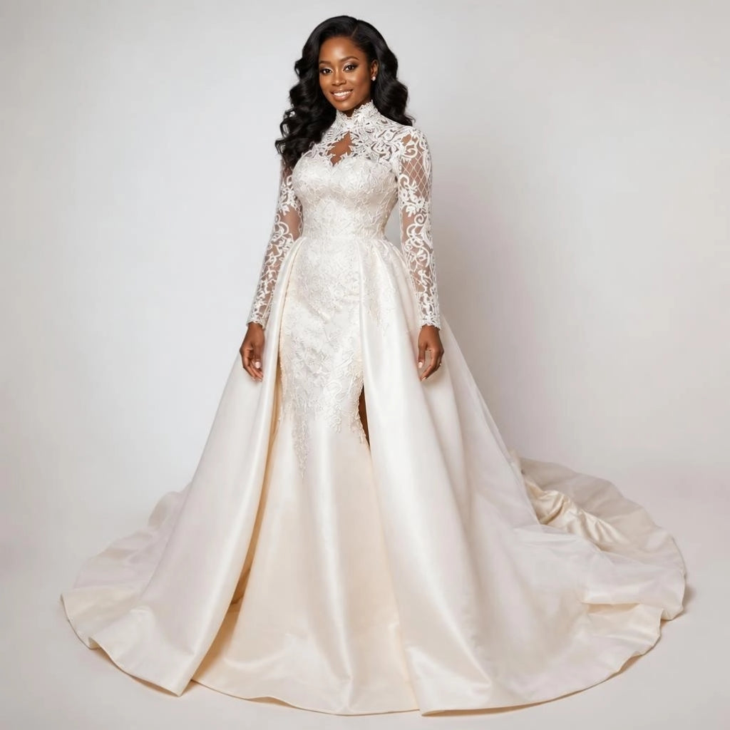 High Neck Lace Long Sleeve Plus Size Wedding Gown with Detachable lace Train