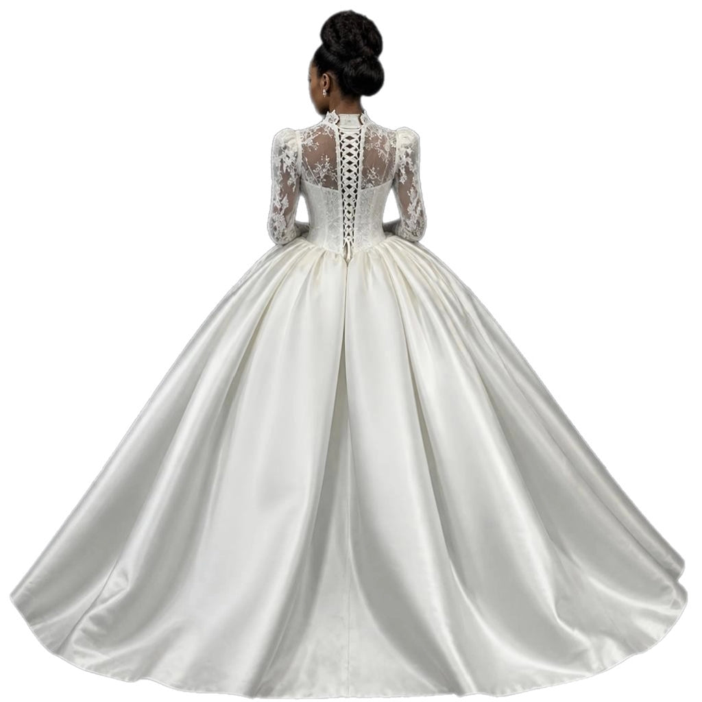 Lace & Satin Ball Gown Wedding Dress with Long Sleeves