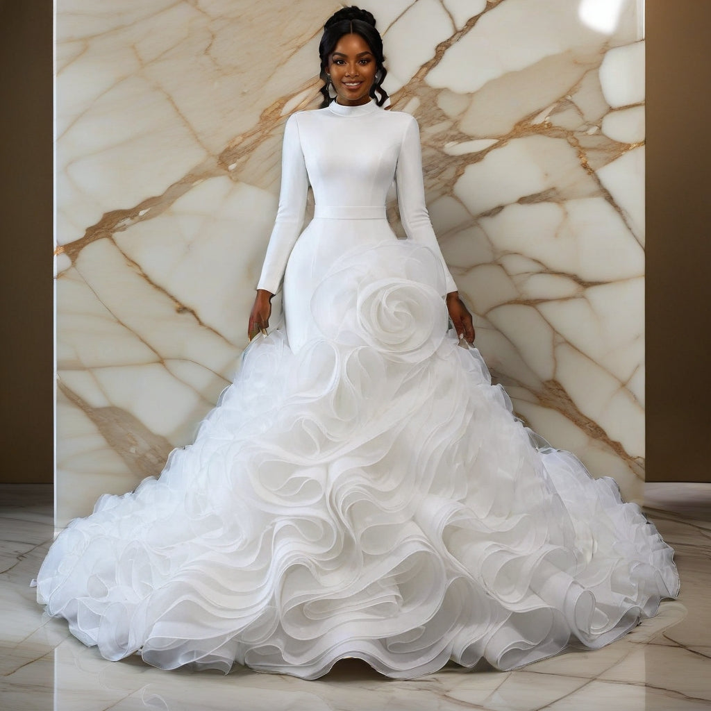 Plus Size Long Sleeve High Neck Ruffle Ball Gown – Ivory – Made to Order
