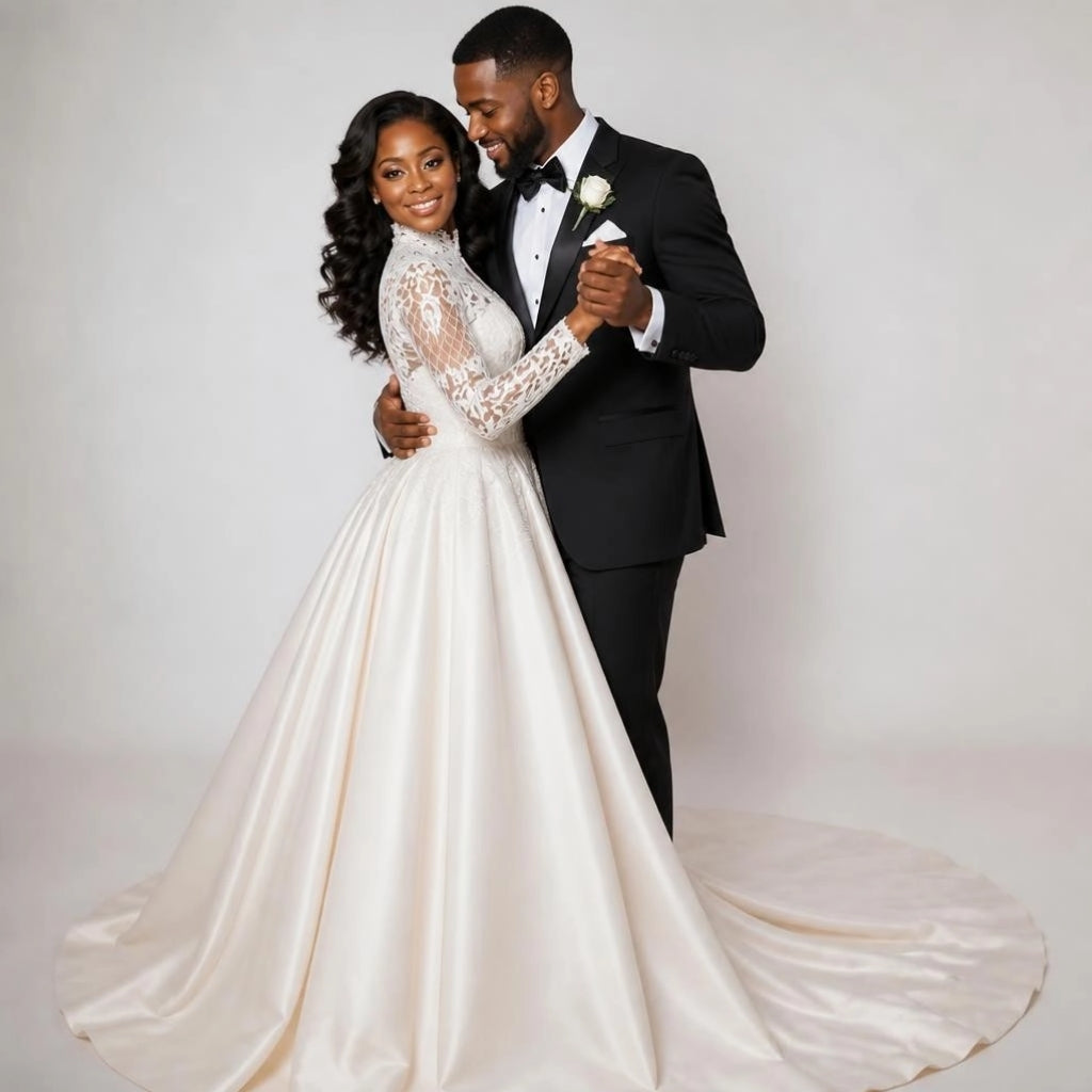 High Neck Lace Long Sleeve Plus Size Wedding Gown with Detachable lace Train