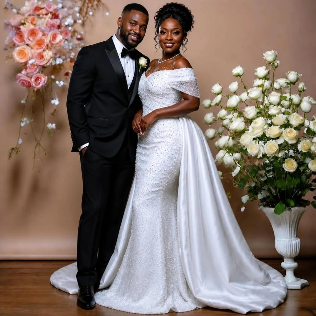Off-Shoulder Plus Size Wedding Gown with Detachable Train