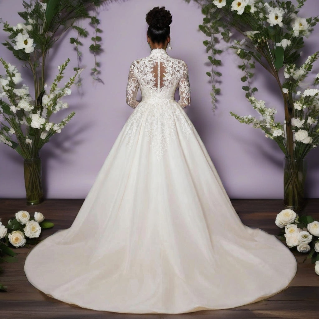 High Neck Lace Long Sleeve Plus Size Wedding Gown with Detachable lace Train