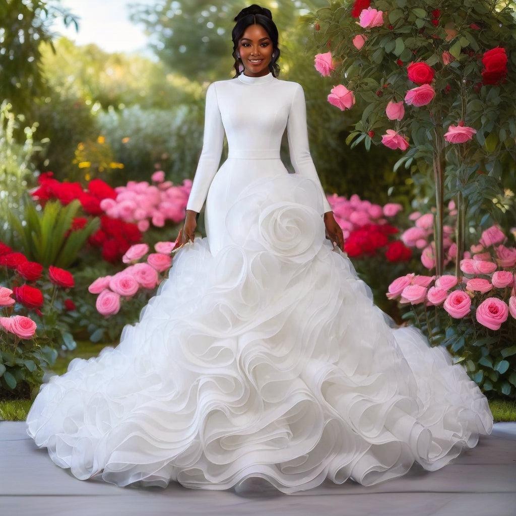 Plus Size Long Sleeve High Neck Ruffle Ball Gown – Ivory – Made to Order