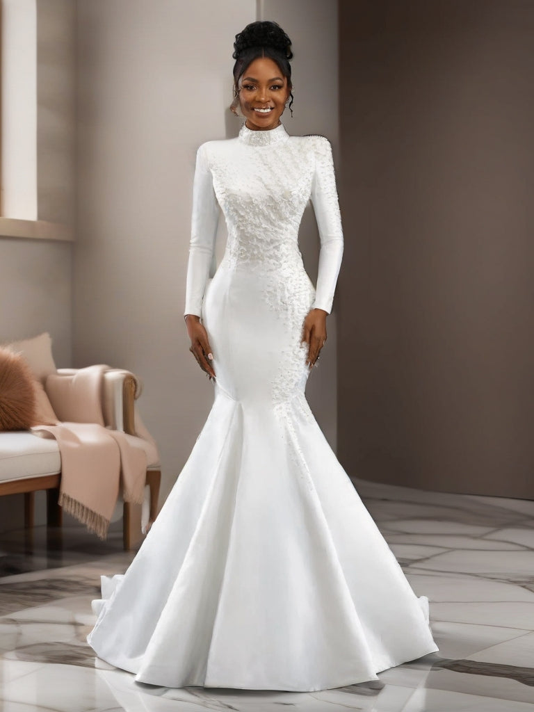 High Neck Long Sleeve Mermaid Wedding Gown with Detachable Cathedral Overskirt