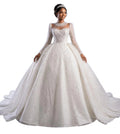 Crystal High Neck Ball Gown – Plus Size Wedding Dress with Long Sleeves & Cathedral Train