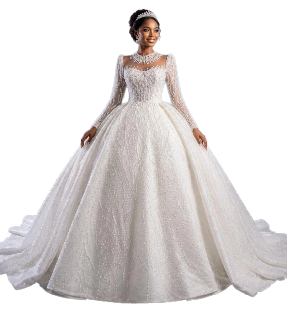 Crystal High Neck Ball Gown – Plus Size Wedding Dress with Long Sleeves & Cathedral Train
