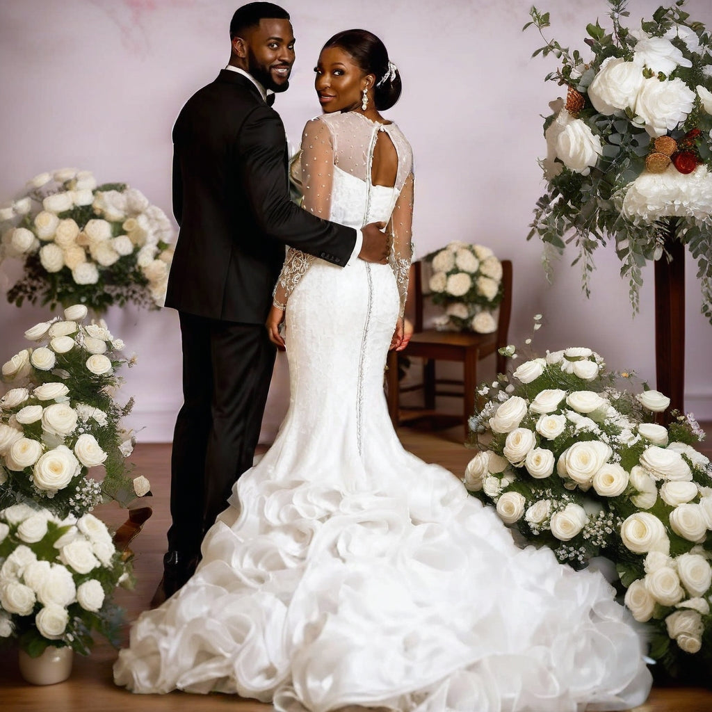 Lace Slim Fit Wedding Gown | Long Sleeve, Hollow Back, Lace-Up | Plus Size