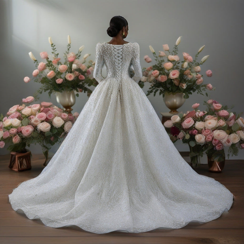 Luxury Pearl Beaded White Sheath Ball Gown Vintage Royal Wedding Dress