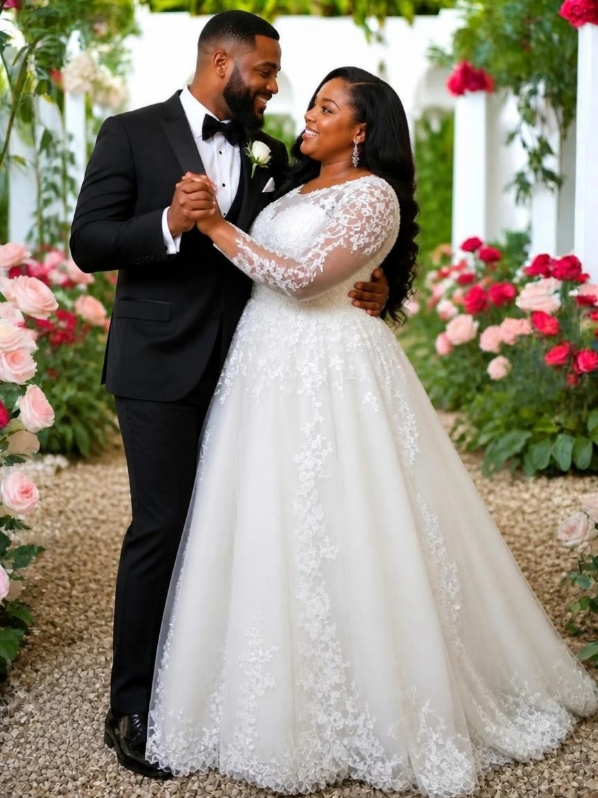 Elegant Plus Size long sleeves Wedding Gown
