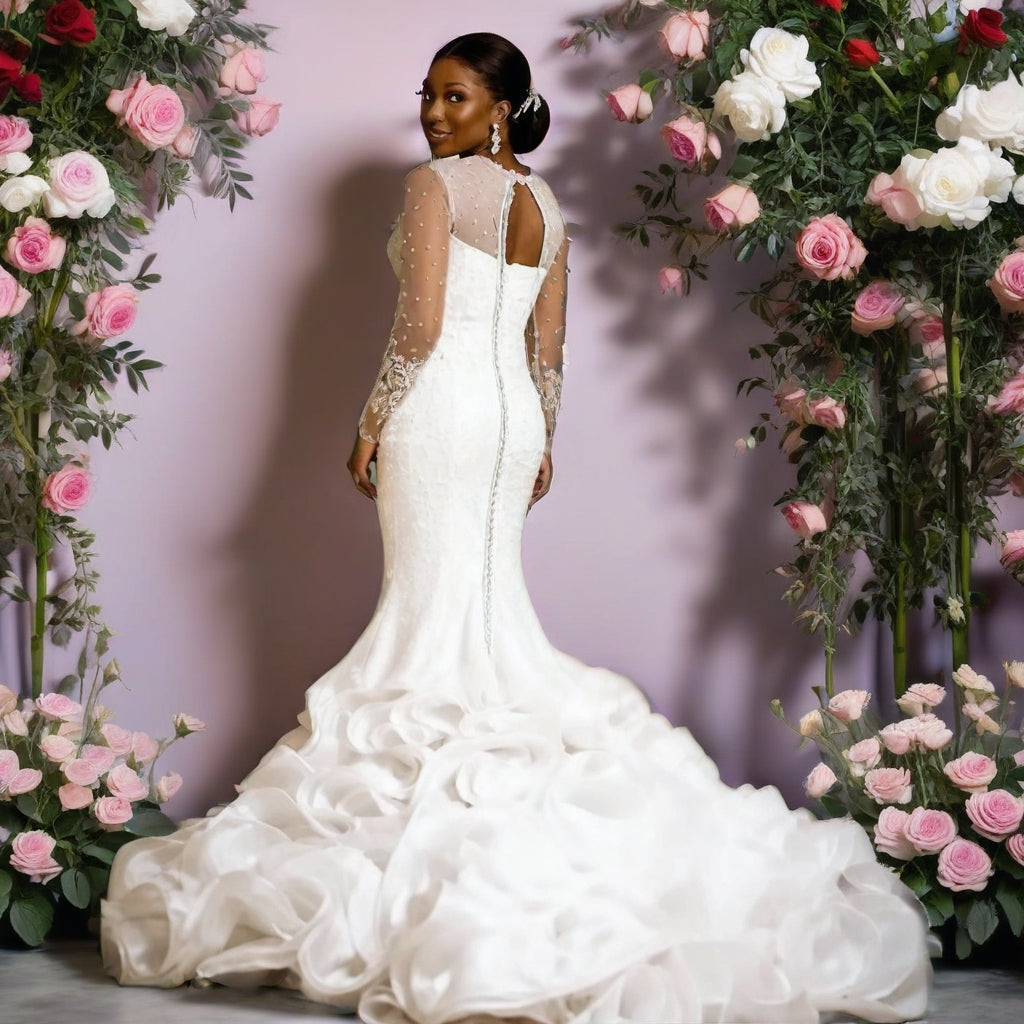 Lace Slim Fit Wedding Gown | Long Sleeve, Hollow Back, Lace-Up | Plus Size