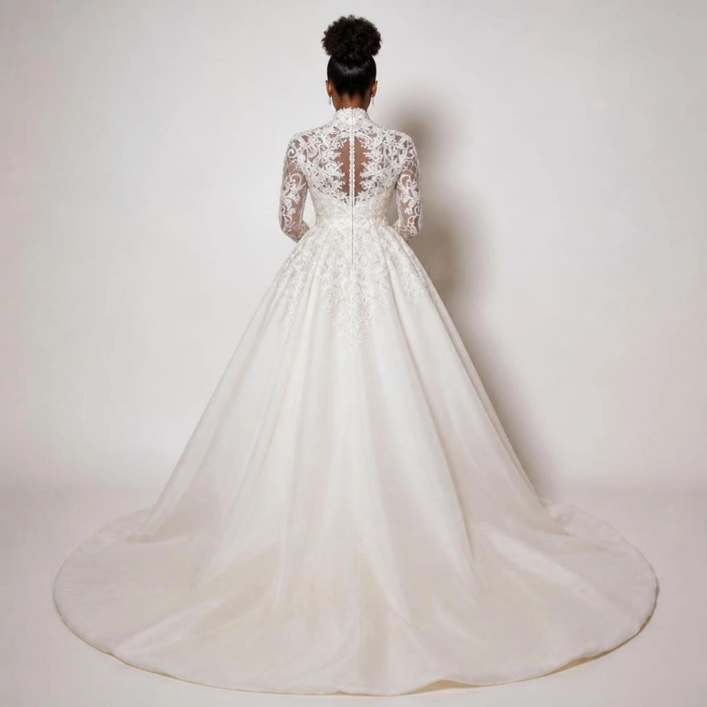 High Neck Lace Long Sleeve Plus Size Wedding Gown with Detachable lace Train